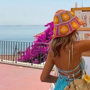 Multicolor Floral Crochet Straw Sun Hat Foldable Packable Wide Brim Bucket hat